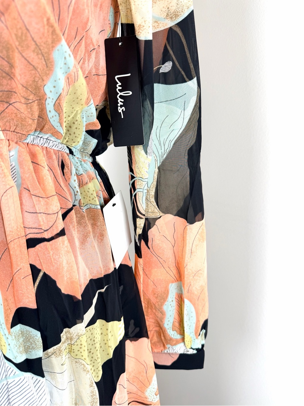 Lulu's Black Maxi Dress Coral & Mint Floral Print Faux Wrap XS NWT - Picture 8 of 16
